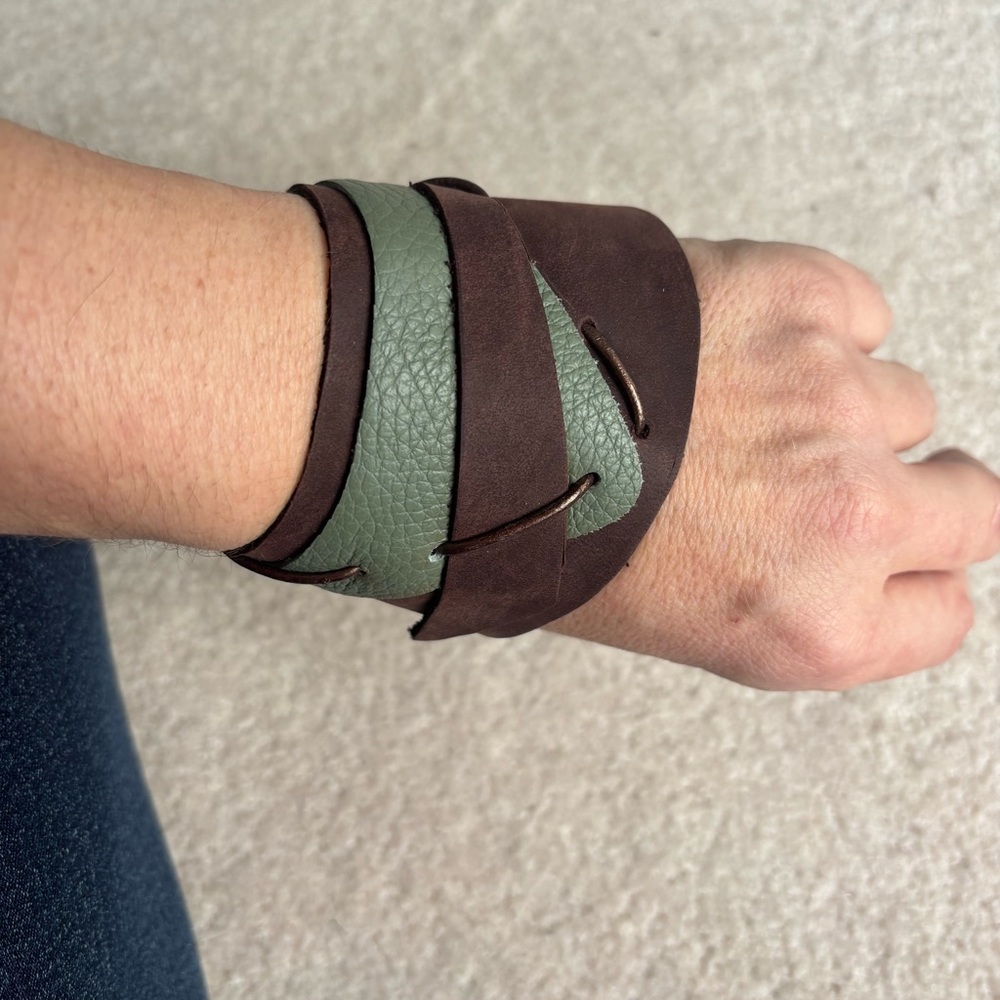 Boho Y2K Brown and Green Leather Cuff Bracelet